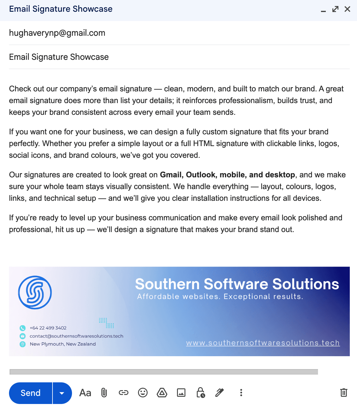 Professional email signature example for Taranaki business