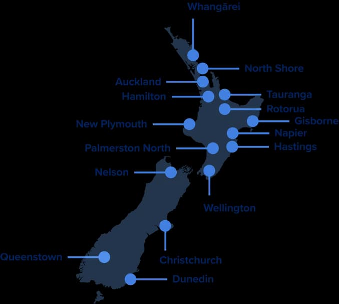 Service areas across New Zealand - from Whangarei to Dunedin