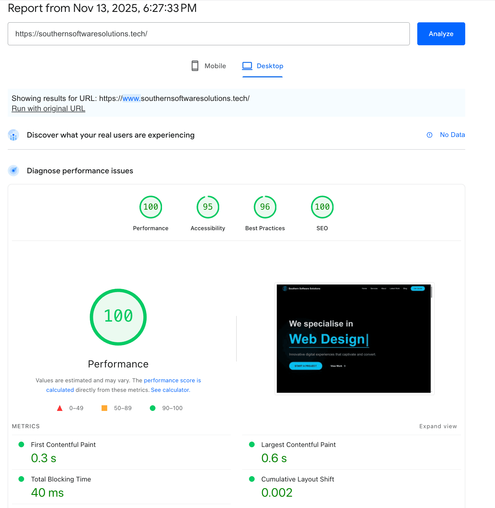 PageSpeed Insights Perfect Score - 100 Performance, 95 Accessibility, 96 Best Practices, 100 SEO